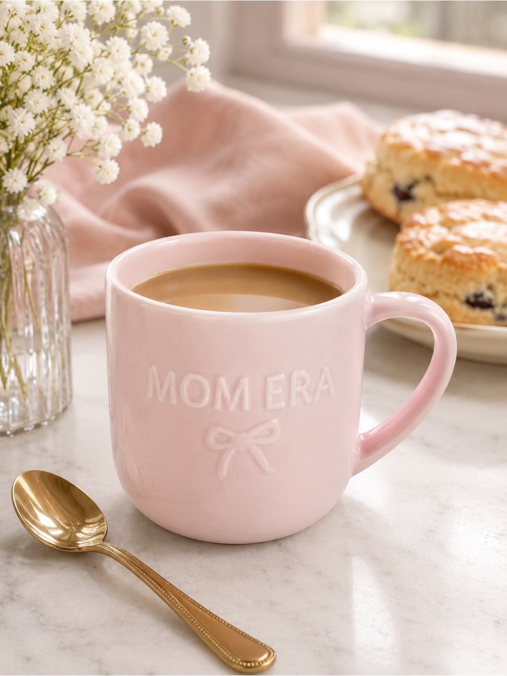 MAINSTAYS “Mom Era” Pink Ceramic Coffee with Embossed Bow Mug, 16.9 oz